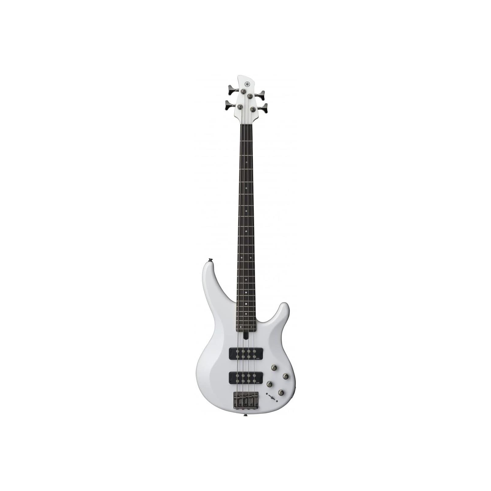 Yamaha 4-string; solid mahogany body, 5-piece maple/rosewood neck, rosewood fingerboard, M5 humbucking pickups, 2-band EQ,Performance EQ switch; White